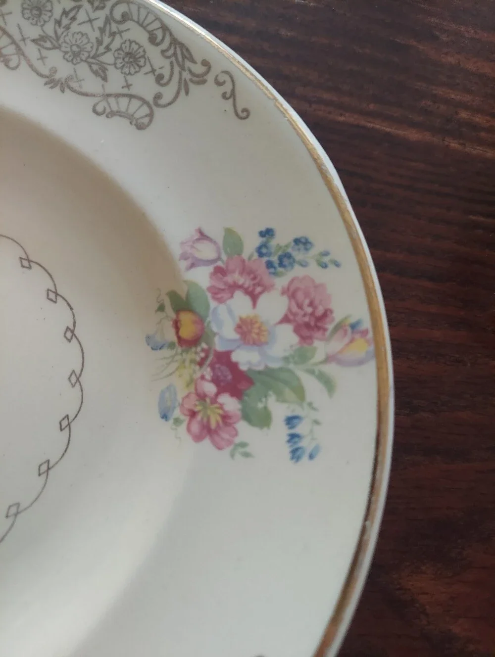 Cream Porcelain Floral Serving Platter with Gold Trim